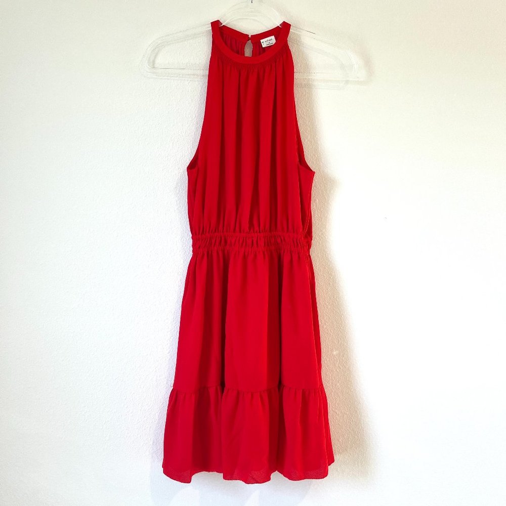 Aritzia Wilfred Effet Halter Mini Dress Red Elastic Waist Flounce Hem Size M